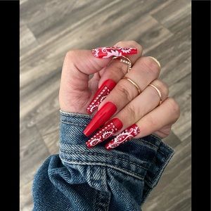 Feral Edge “Bandana” Glue-on Red Long Coffin Nails